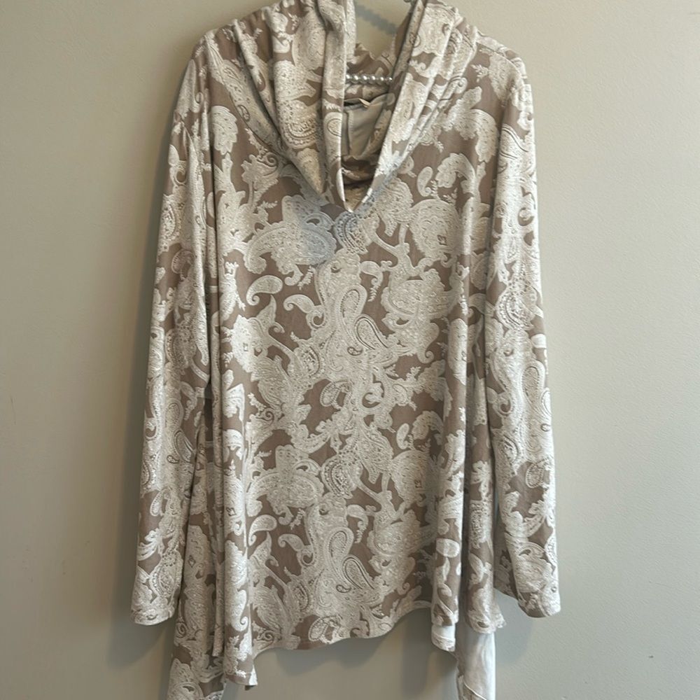 Jade By Jane Womens Tan Beige Paisley Oversized Cowl Neck Tunic Hoodie 2XL